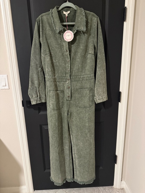 Umgee Pants - Umgee Olive Green Frayed Collar Utility Jumpsuit